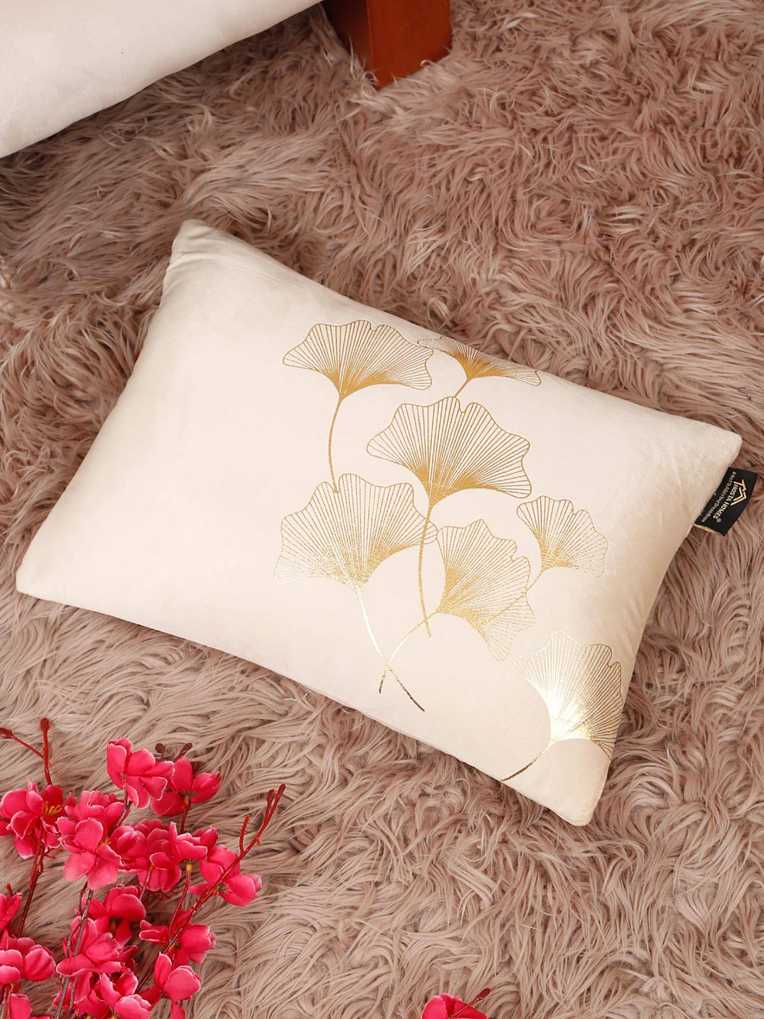 HOSTA HOMES Soft Velvet Golden Foil Printed Cushion Covers Cream (12X18 Inches)