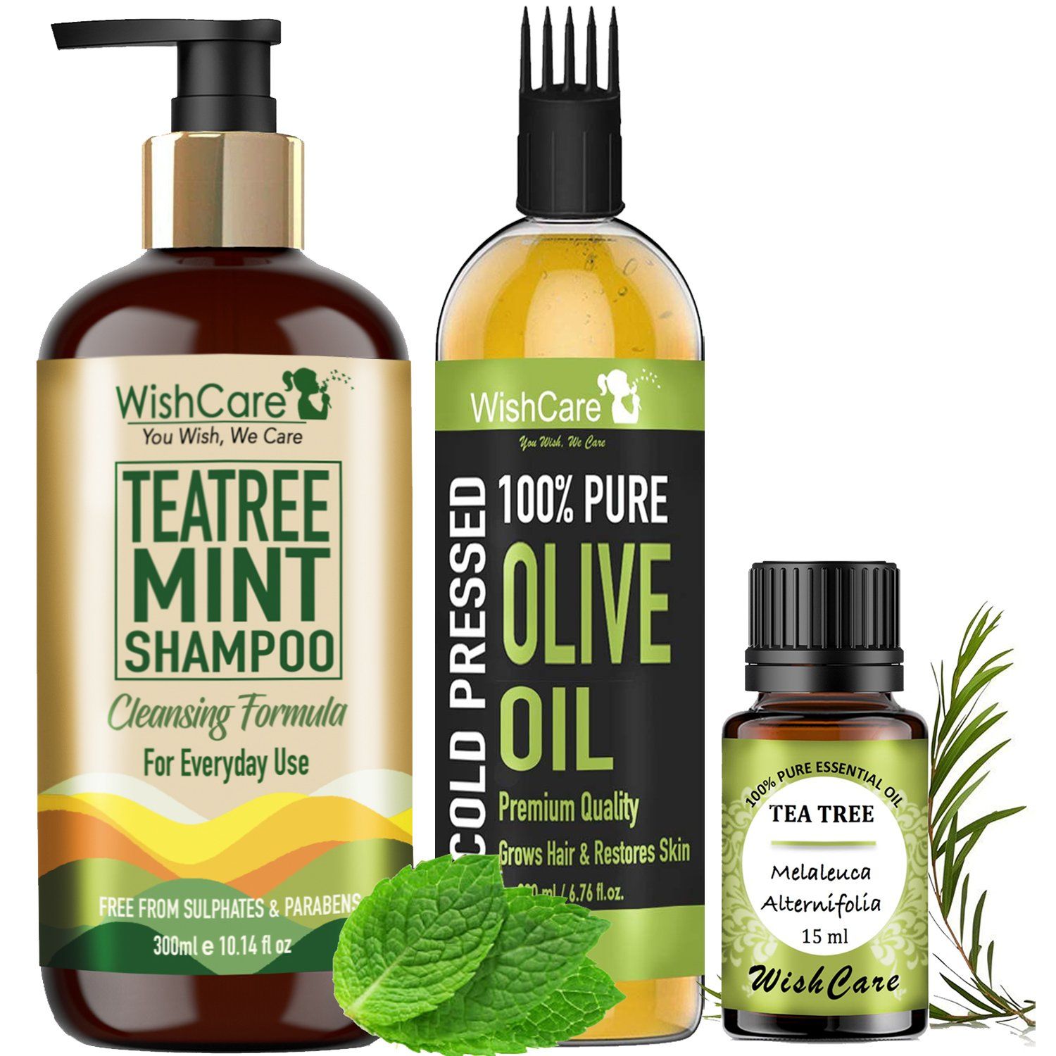 WishCare TeaTree Mint Anti-Dandruff Hair Kit - Dryness & Anti Dandruff Shampoo, Olive & TeaTree Oil