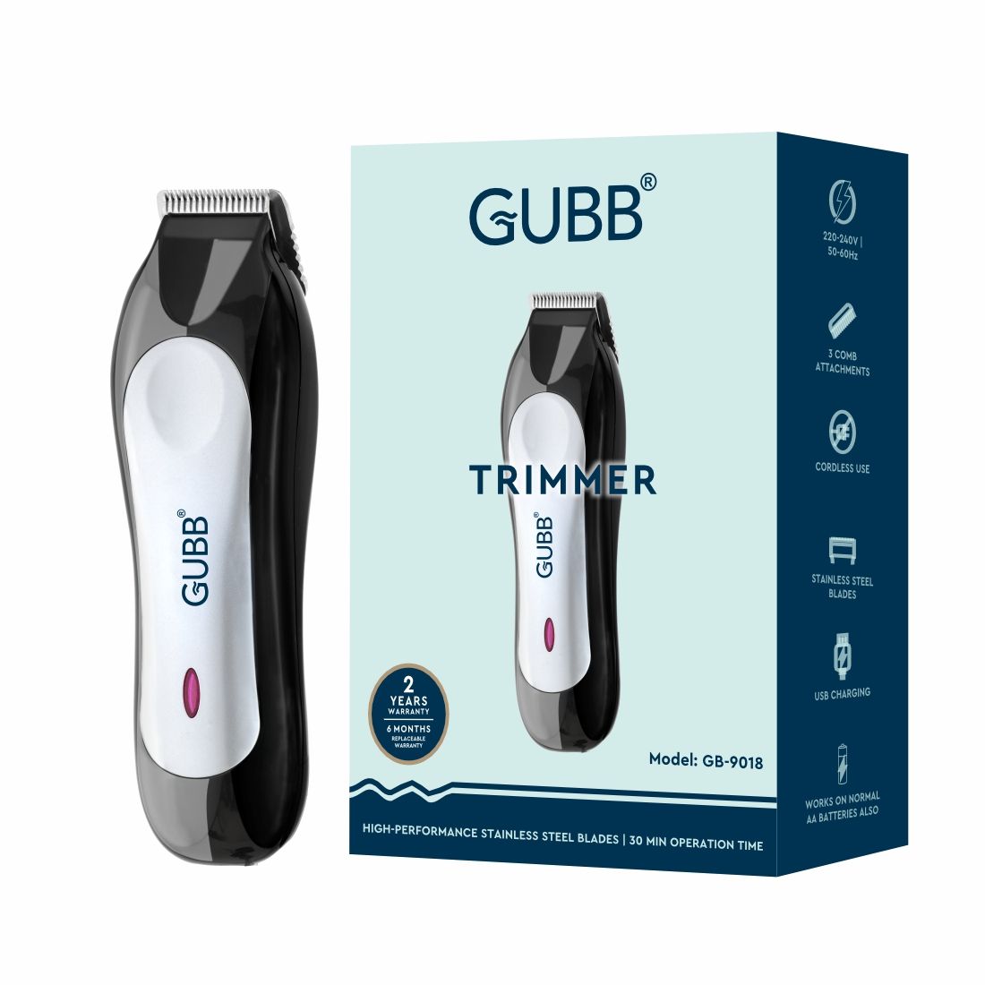 GUBB Cordless Beard Trimmer, 30 Minutes Runtime - (gb-9018) Black-silver