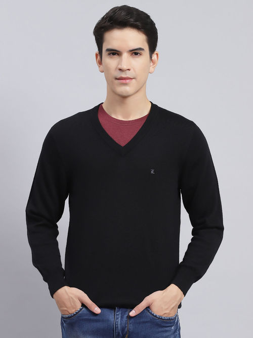 Monte Carlo Mens Solid Black V-Neck Full Sleeves Sweater