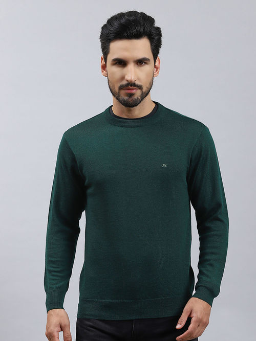 Buy Monte Carlo Mens Solid Green Round Neck Full Sleeves Sweater