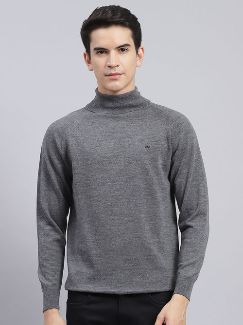 Monte Carlo Mens Solid Dark Grey High Neck Sweater