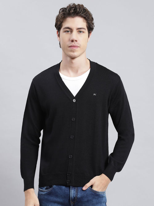 Monte Carlo Mens Solid Black V-Neck Full Sleeves Cardigan Sweater
