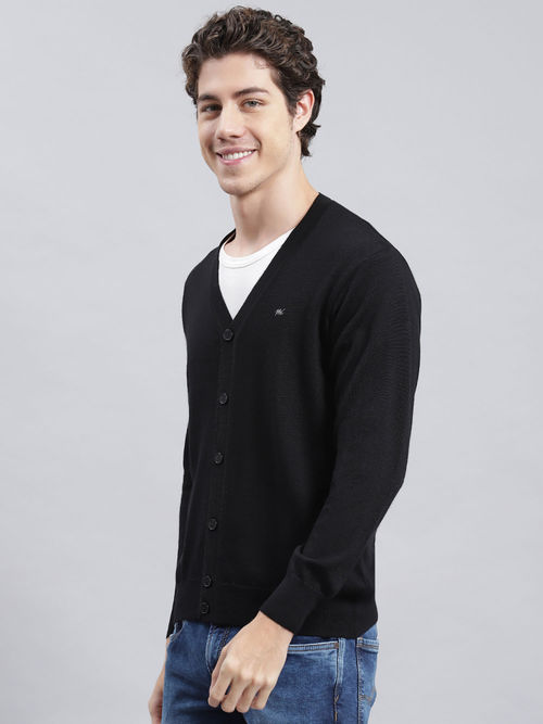 Buy Monte Carlo Mens Solid Black V-Neck Full Sleeves Cardigan