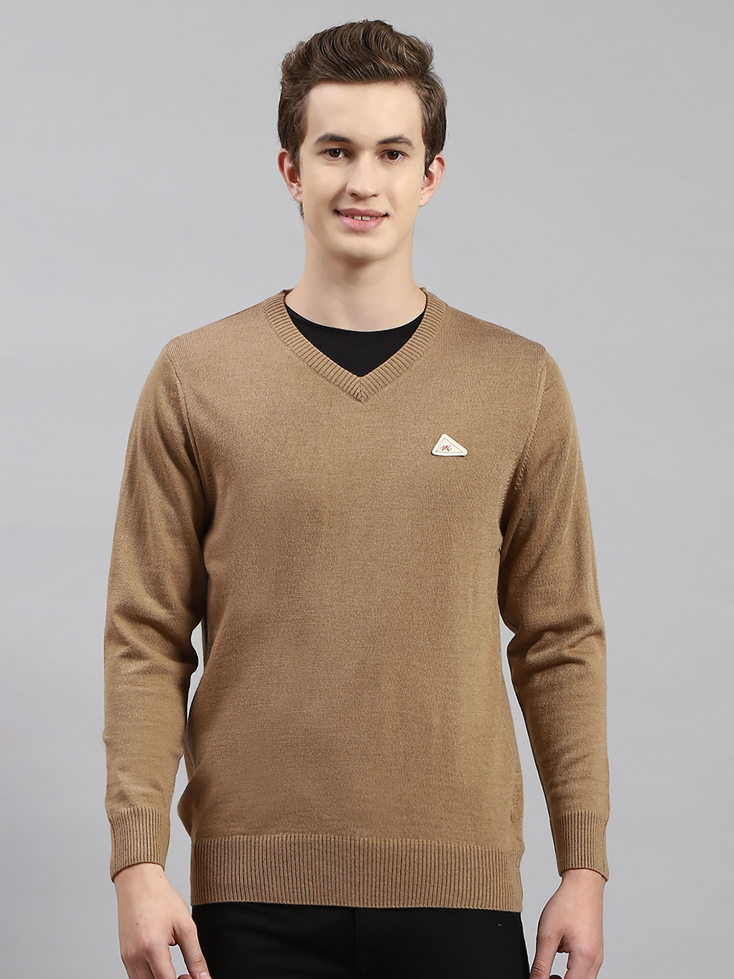 Buy Monte Carlo Mens Solid Light Brown V Neck Full Sleeves Sweater Online