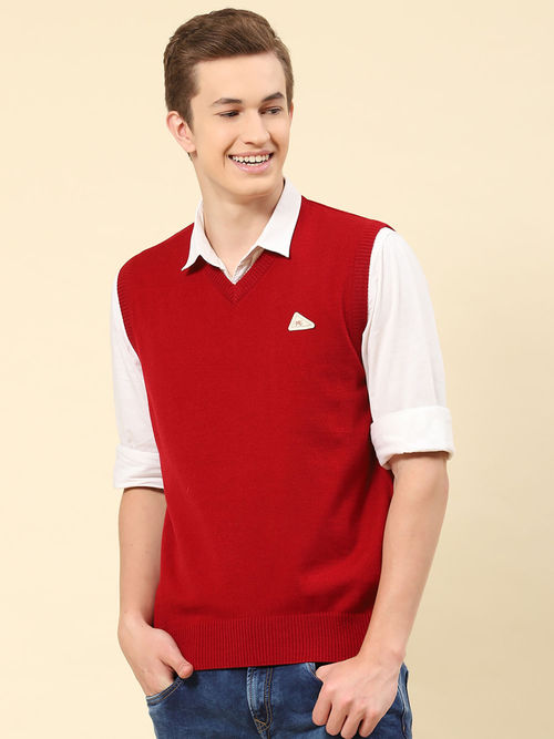 Buy Monte Carlo Mens Solid Cherry Red V-Neck Sleeveless Sweater Online