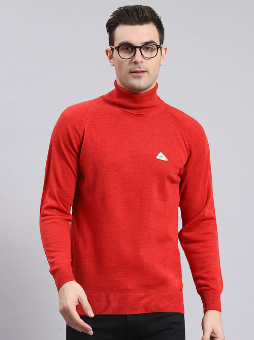 Monte Carlo Mens Solid Red High Neck Full Sleeves Sweater