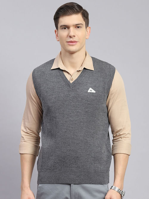 Grey V Neck Sleeveless Jumper Mens Monte Carlo Mens Solid Wool