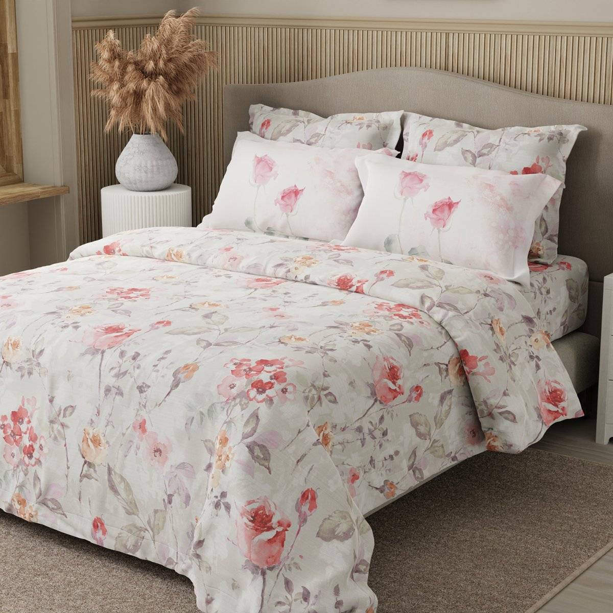 Boutique Living 100% Cotton Grey Digital Floral Print King Bedsheet with 4 Pillow Covers