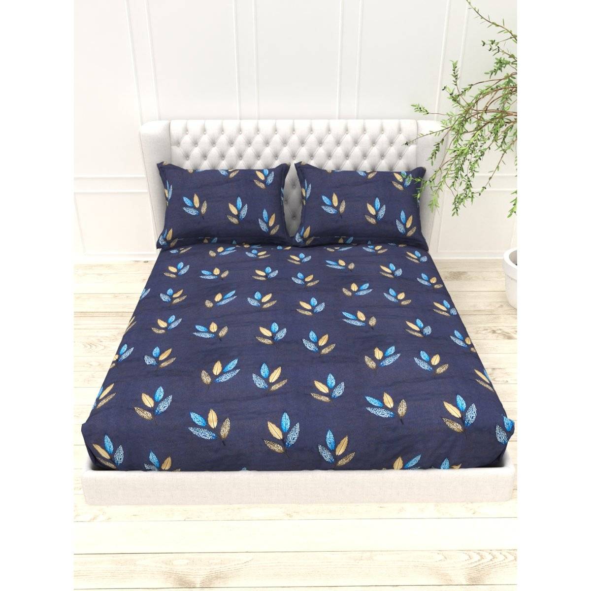 The White Moss Blue 250Tc Pure Cotton Reactive King Bedsheet With 2 Pillow Covers