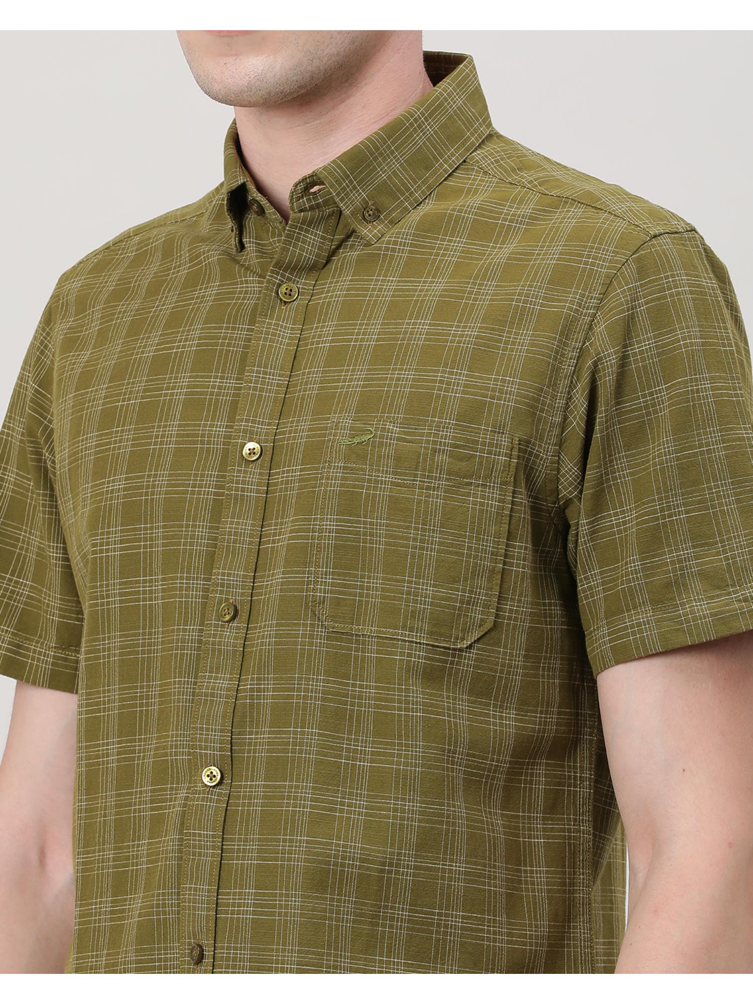 Buy Crocodile Olive Green Checked Half Sleeve Shirt Online