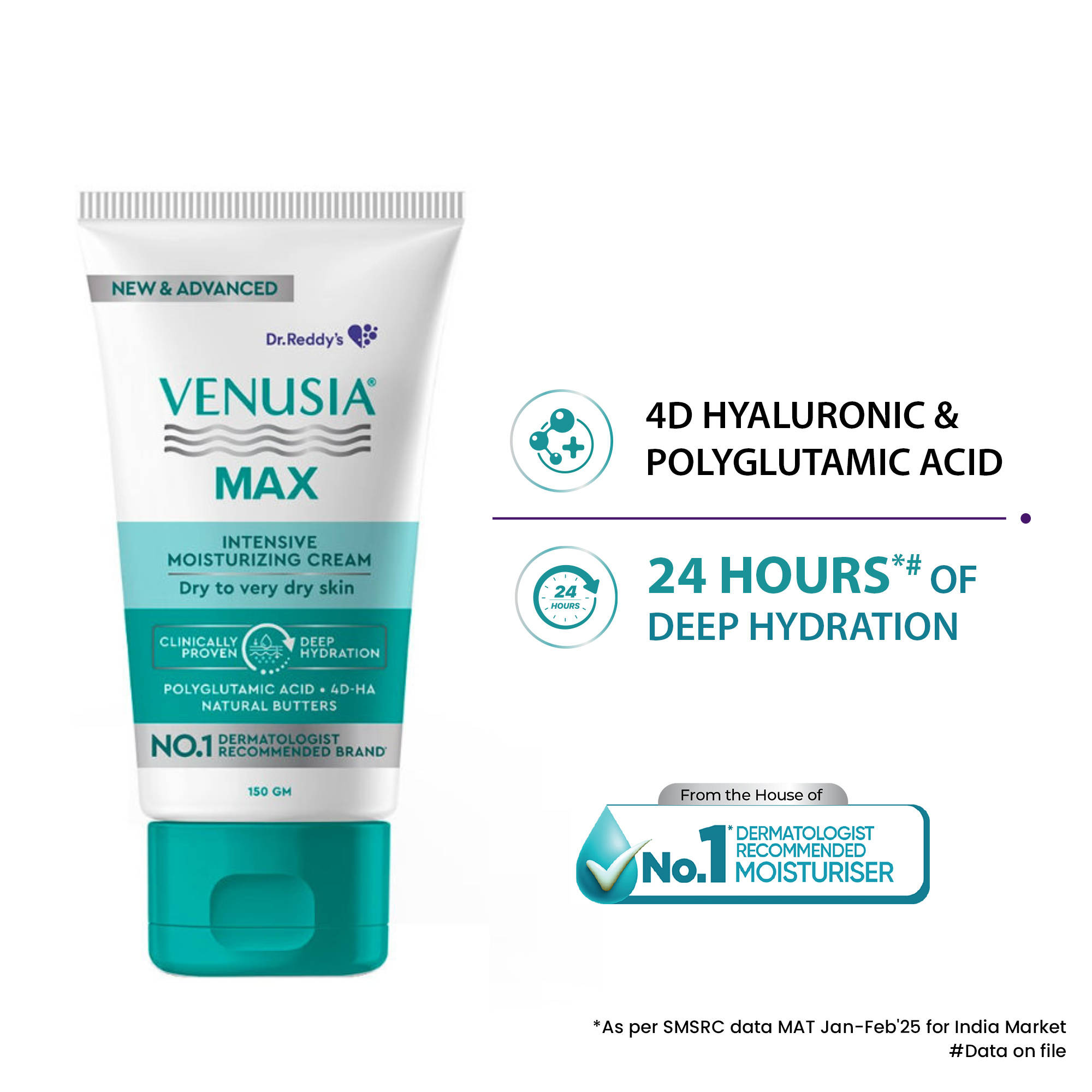 Venusia Max Intensive Moisturizing Cream Dry To Very Dry Skin With 4D Hyaluronic + Polyglutamic Acid(150g)