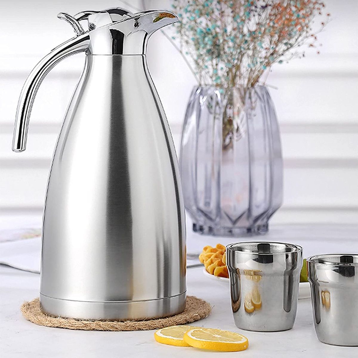 TOMAKEIT Stainless Steel Coffee Thermal Carafe 20 Hour Heat&Cold Retention 1.5 Litre/50 Oz Double Walled Vacuum Insualted Carafe with Handmade Rattan Body 