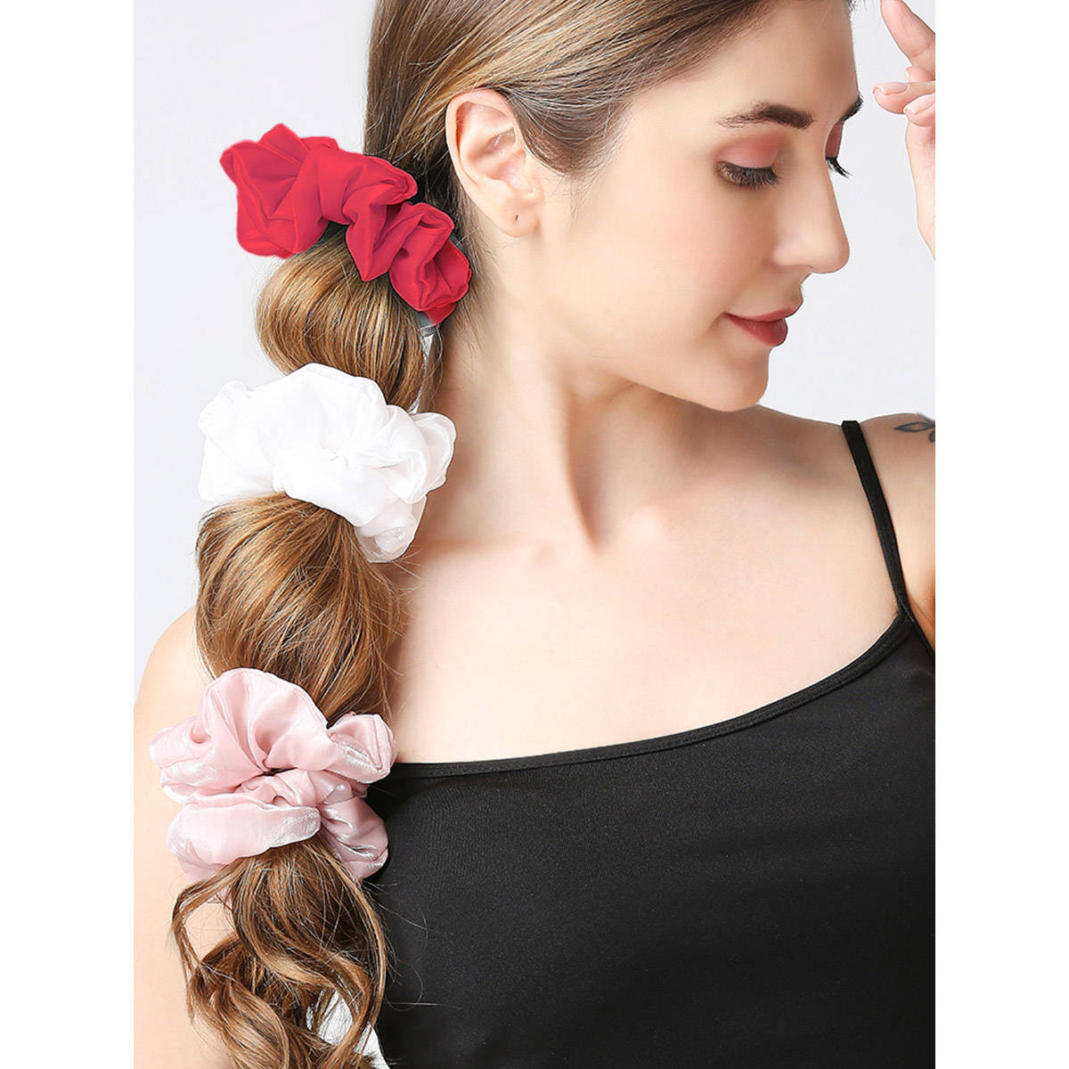 OOMPH Tissue Satin Scrunchy -Powder Pink, White and Red (Set of 3)