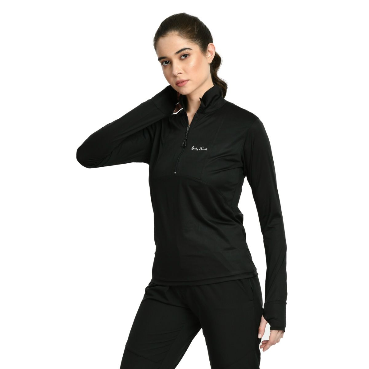 Buy Body Smith Solid Full Sleeves Workout Black Zipper Jersey Online