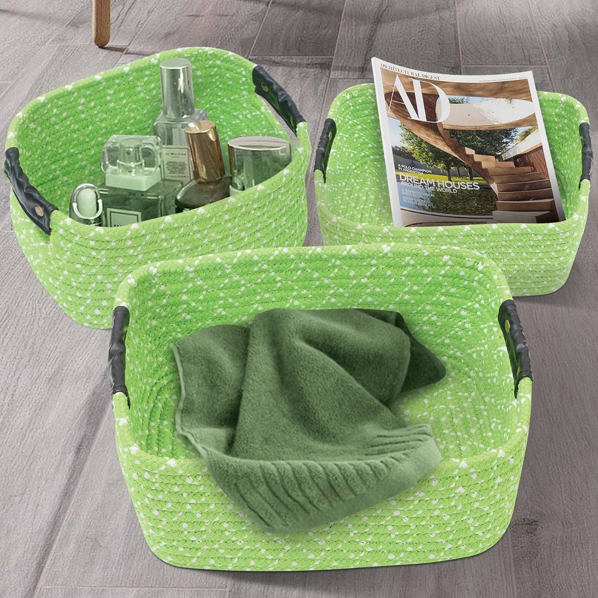 OBSESSIONS Multi Utility Polypropylene Storage Basket With Leather Handle (Set of 3), Green