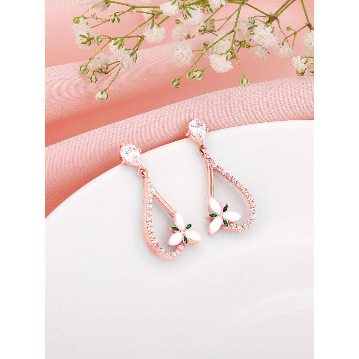 Giva Sterling Silver Bhumi Rose Gold Terrific Trillium Earrings For Womens