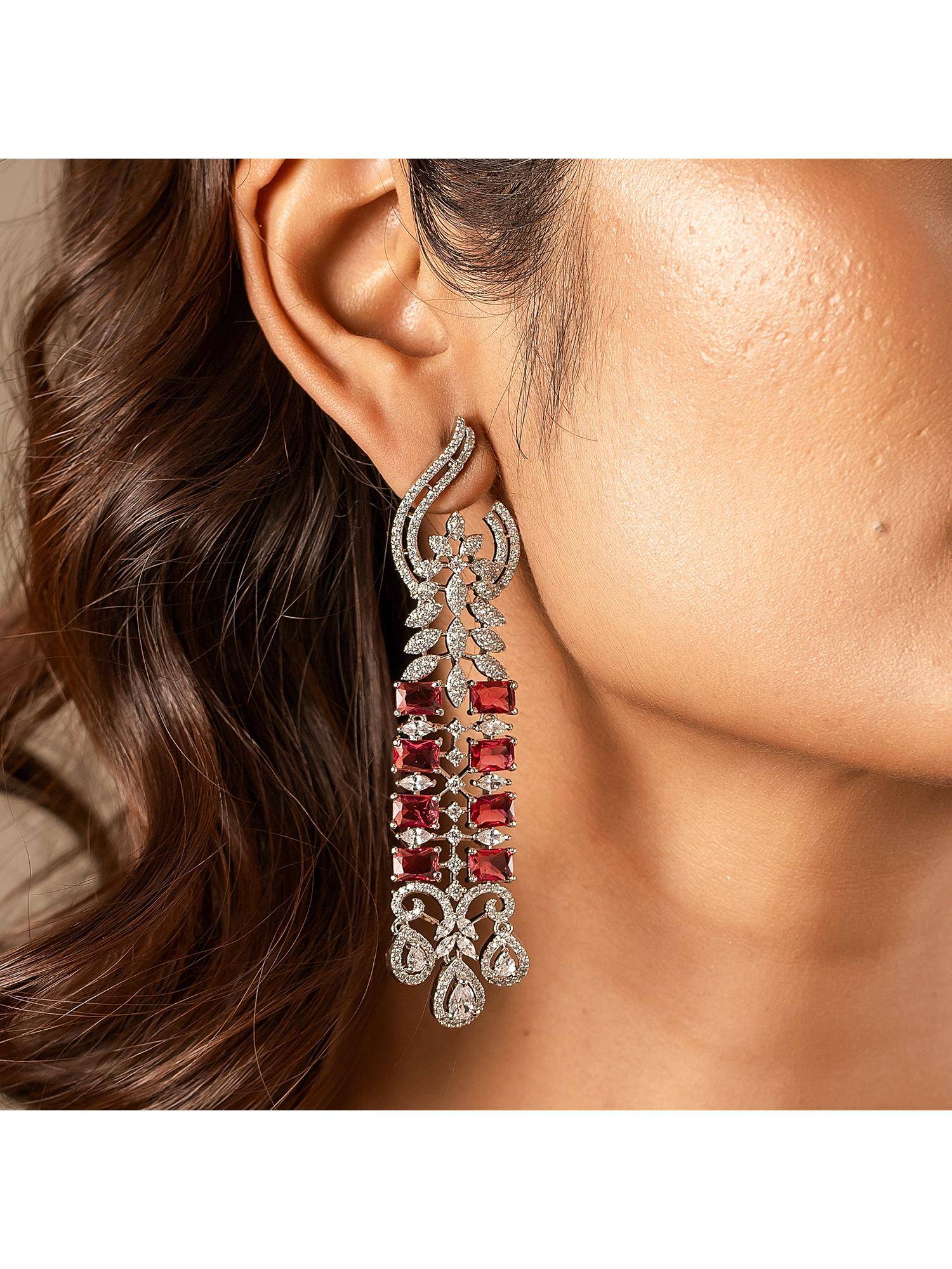 Voylla Sparkling Elegance Crimson Ruby American Diamond Dangler Earrings