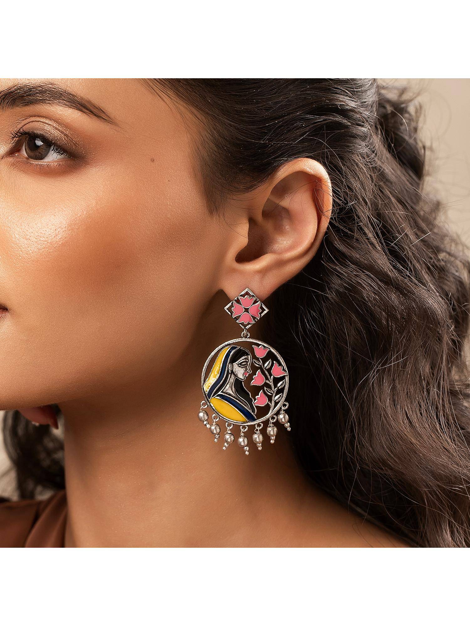 Voylla Madhubani Gulnar Grace Oxidised Enamel Earrings