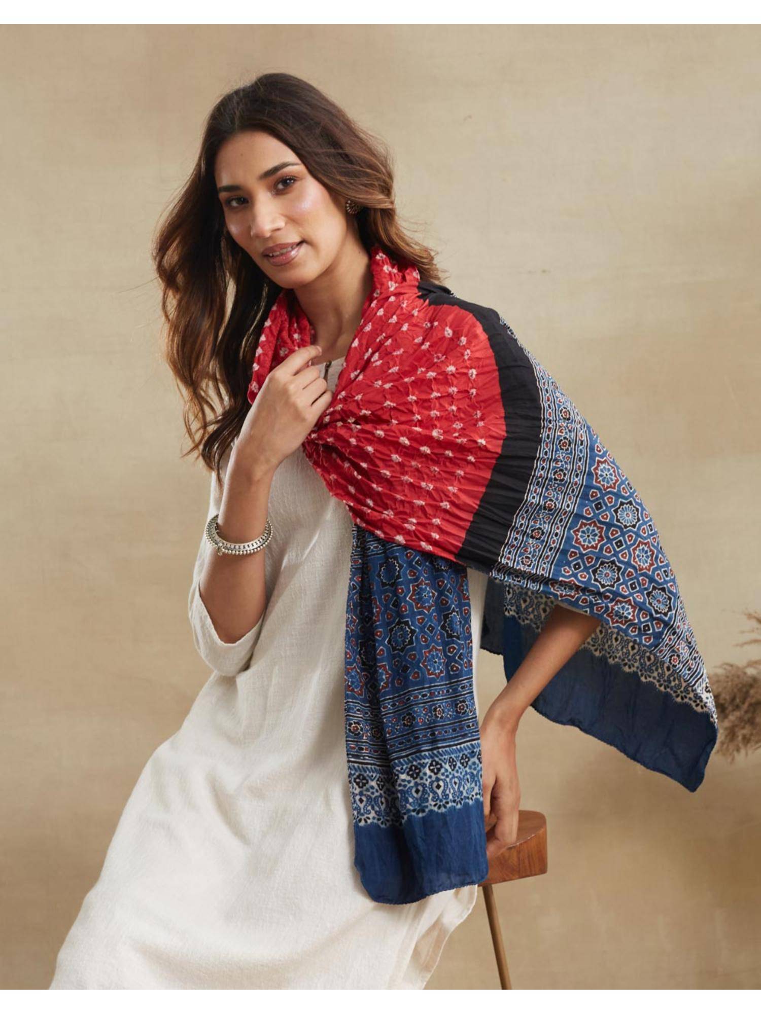 Fabindia Red Viscose Blend Bandhani Stole