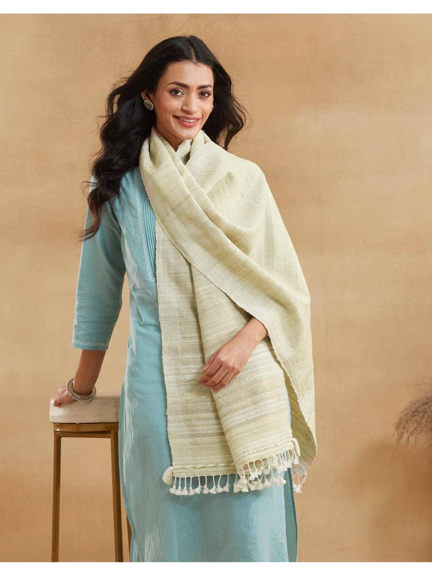 Fabindia Beige Wool Blend Embroidered Stole