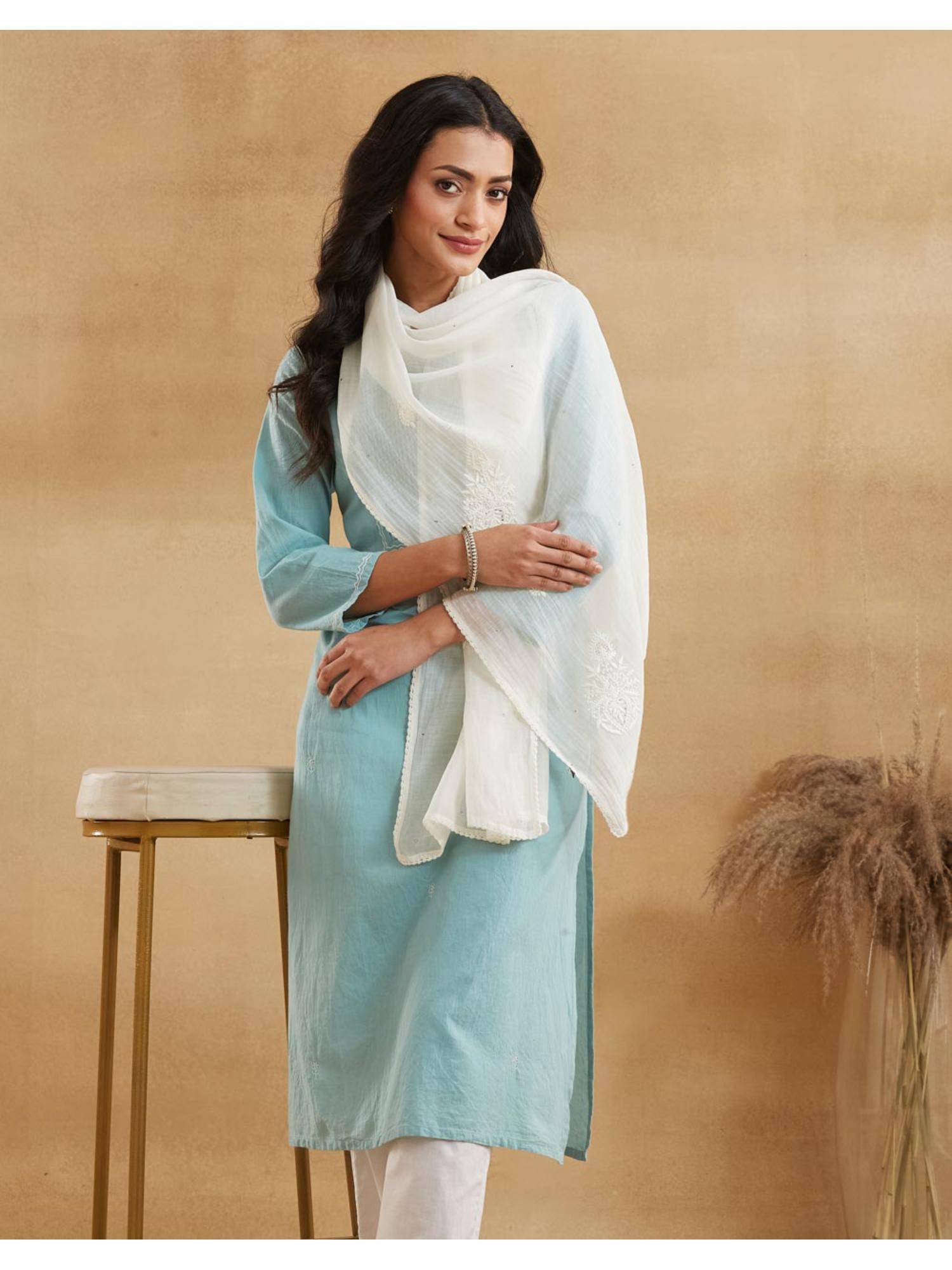 Fabindia Natural Cotton Silk Chikankari Stole