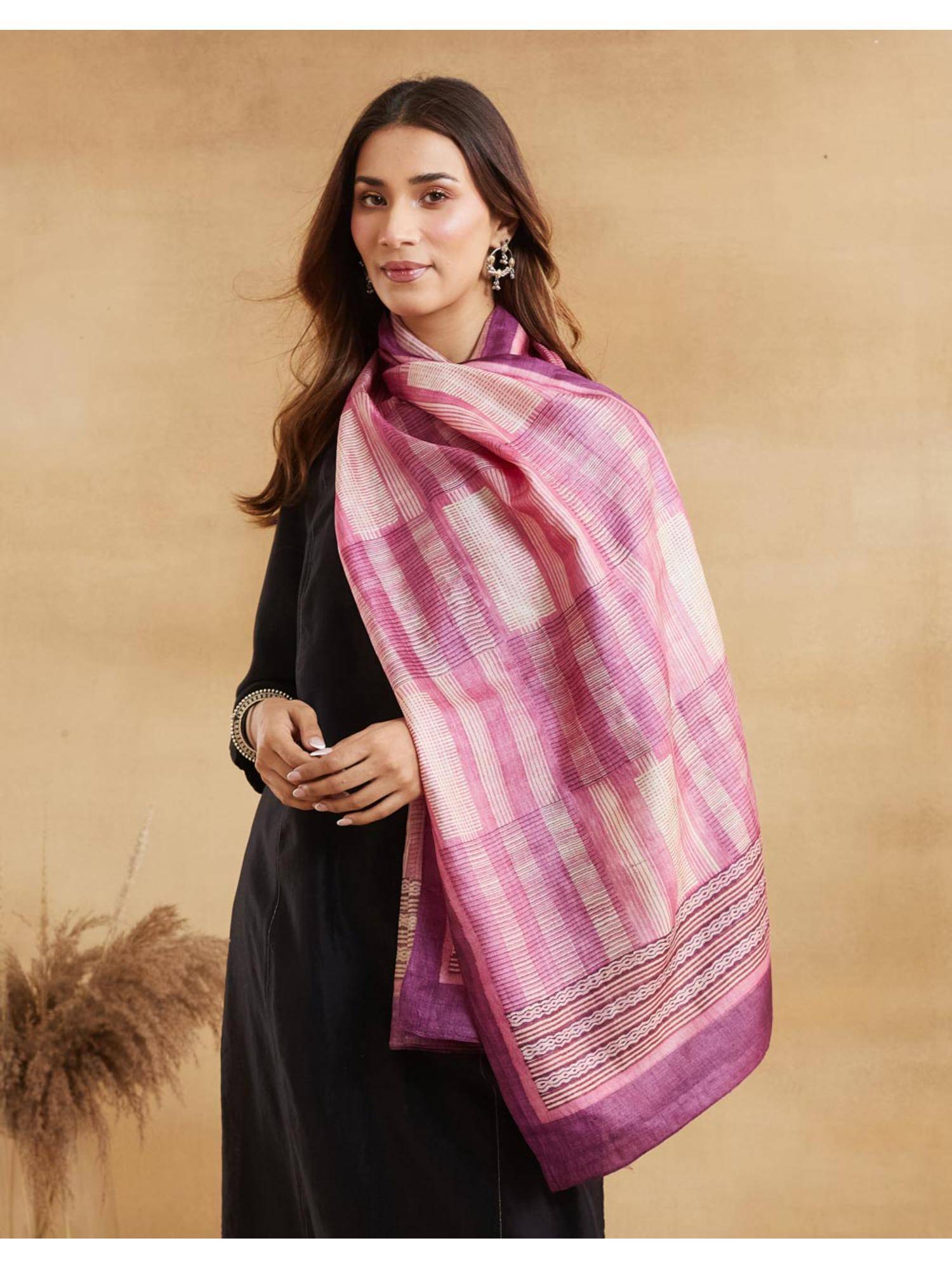 Fabindia Pink Silk Hand Block Printed Stole