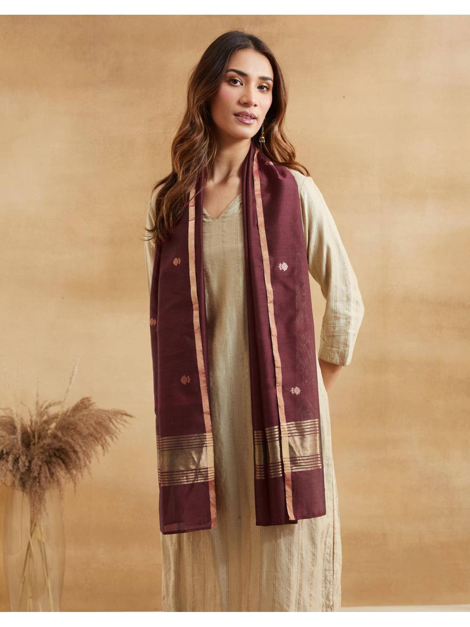 Fabindia Wine Cotton Silk Blend Hand Woven Stole