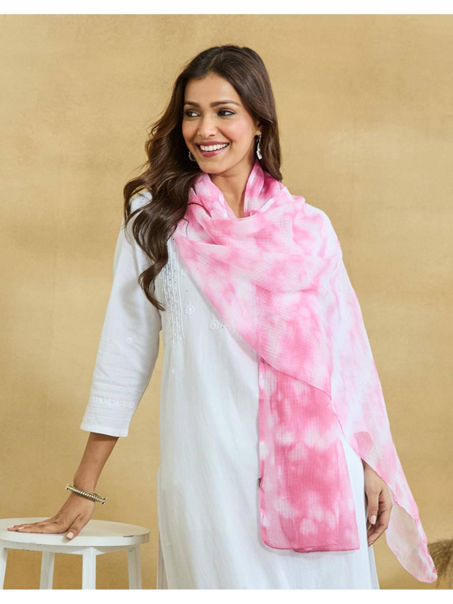 Fabindia Pink Cotton Silk Tie & Dye Stole
