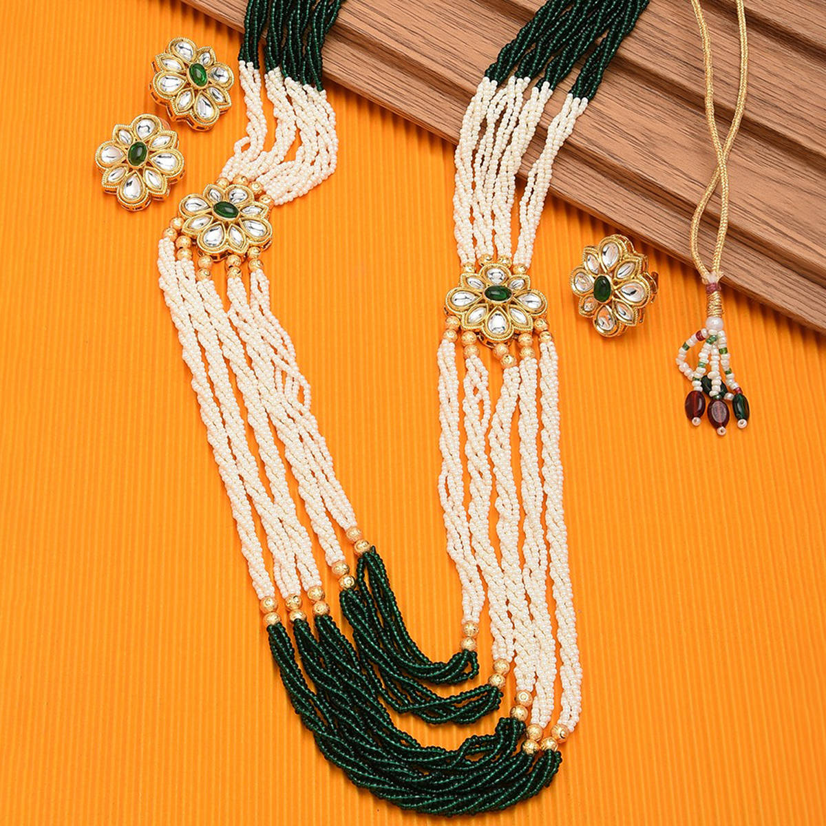 Zaveri Pearls Green Multistrand Two Side Brooch Necklace Earring & Ring Set-ZPFK11476