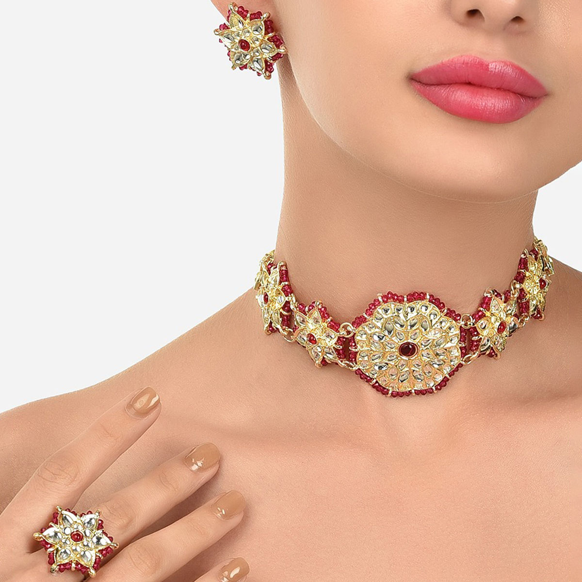 Zaveri Pearls Pink Crystal Beaded Kundan Choker Necklace Earring and Ring Set-ZPFK12113