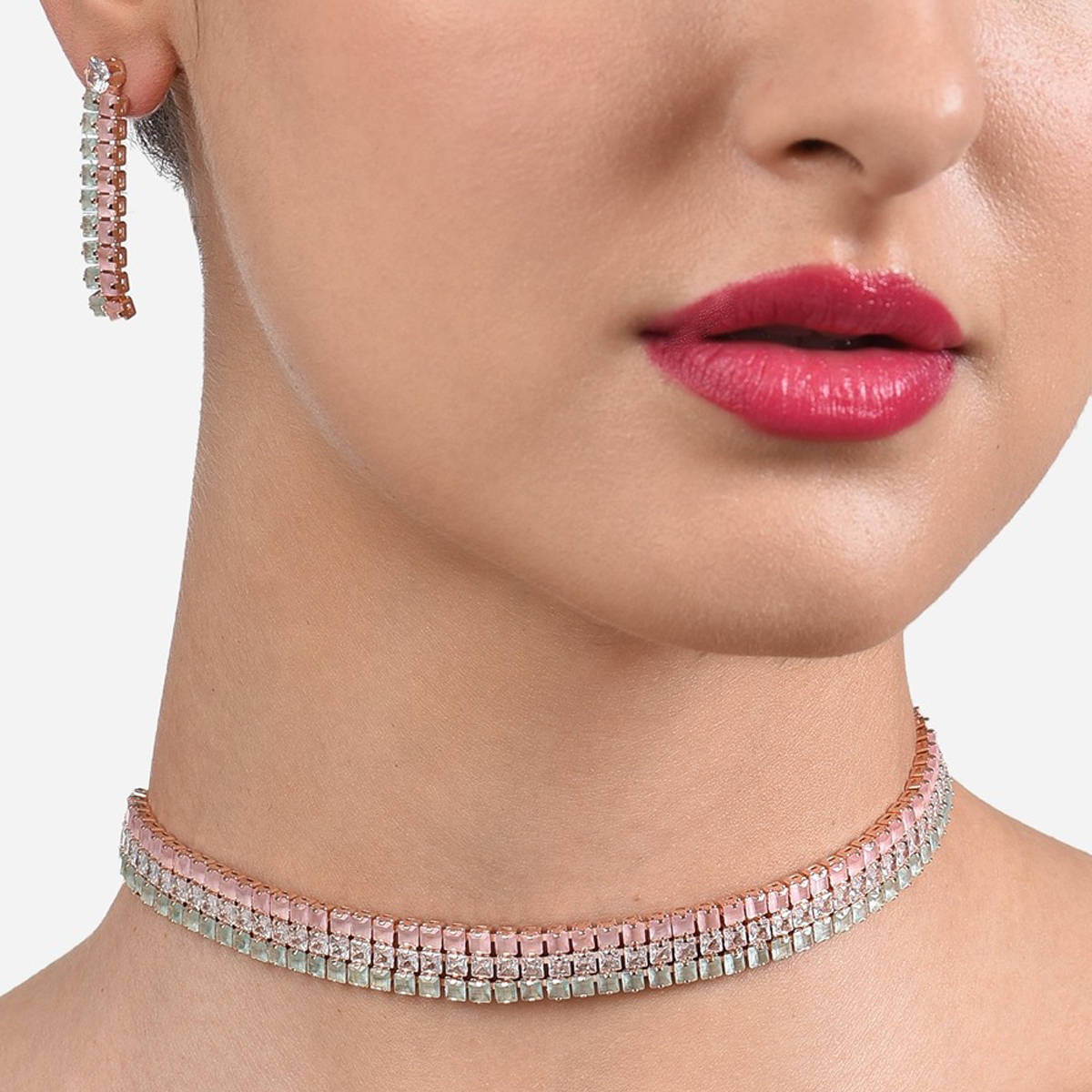 Zaveri Pearls Green & Pink Cubic Zirconia Party Bling Necklace & Earring Set-ZPFK14030