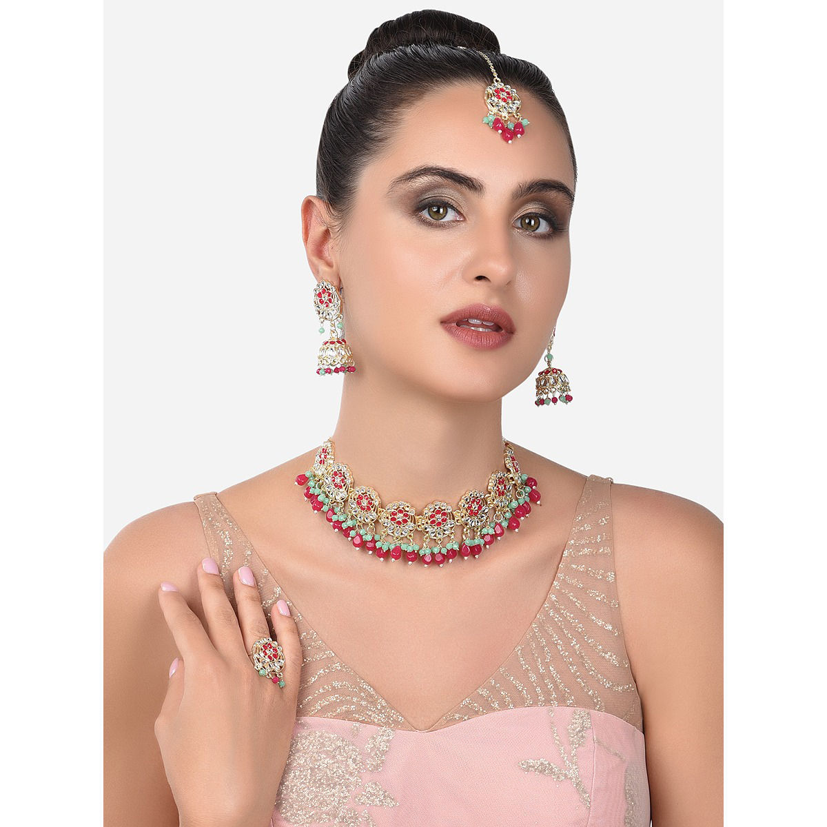 Buy Gold Plated Kundan Pink Green Choker Necklace by Paisley Pop Online at  Aza Fashions.
