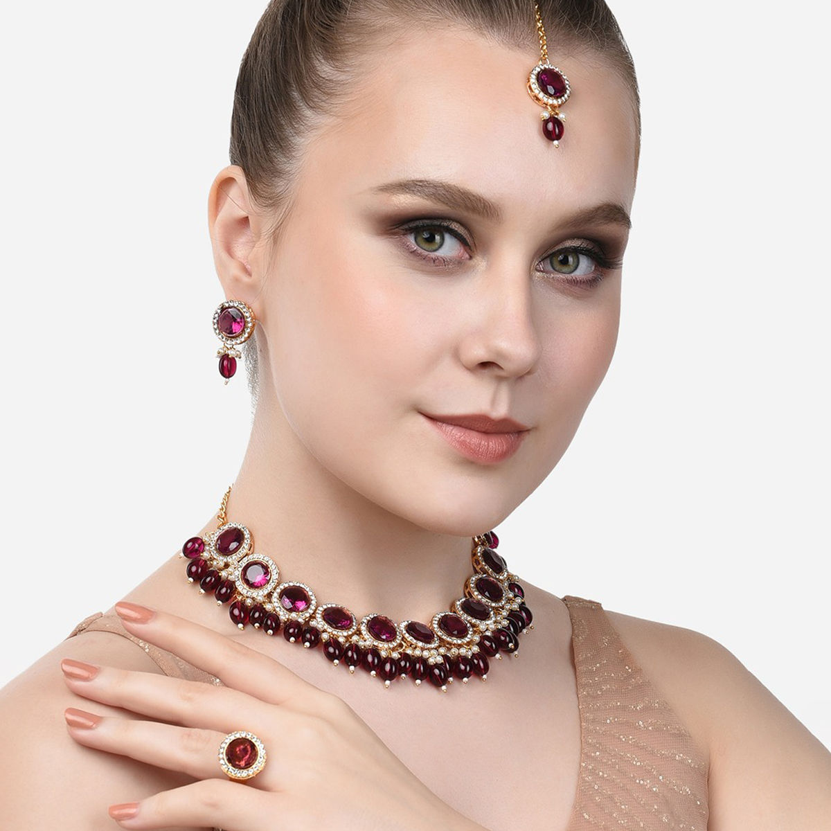 Buy Zaveri Pearls Wine Color Stone & Cluster Bead Necklace Earring