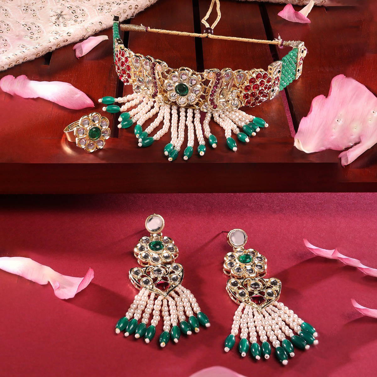 Zaveri Pearls Pink & Green Peacock Kundan Choker Necklace Earring & Ring Set-ZPFK14706