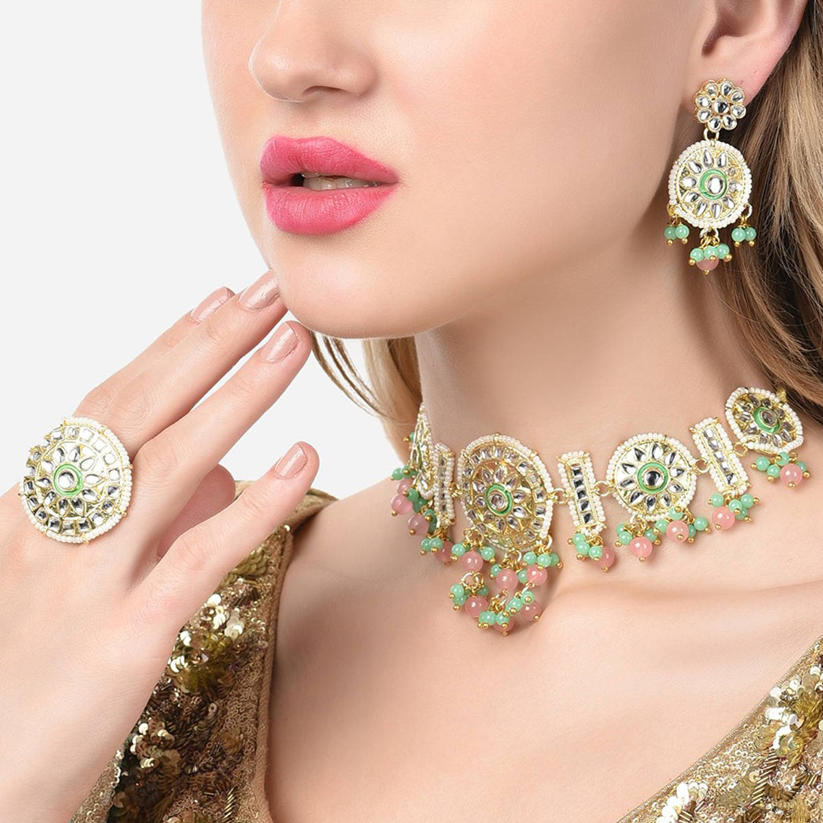 Zaveri Pearls Pink & Green Bead Drop Kundan Choker Necklace Earring & Ring Set-ZPFK14717