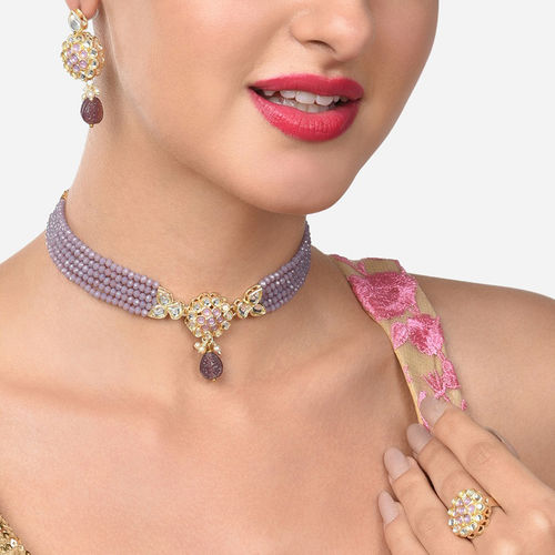 Zaveri Pearls Set Of Purple Kundan Choker Necklace Earring and Ring  Set-ZPFK14835