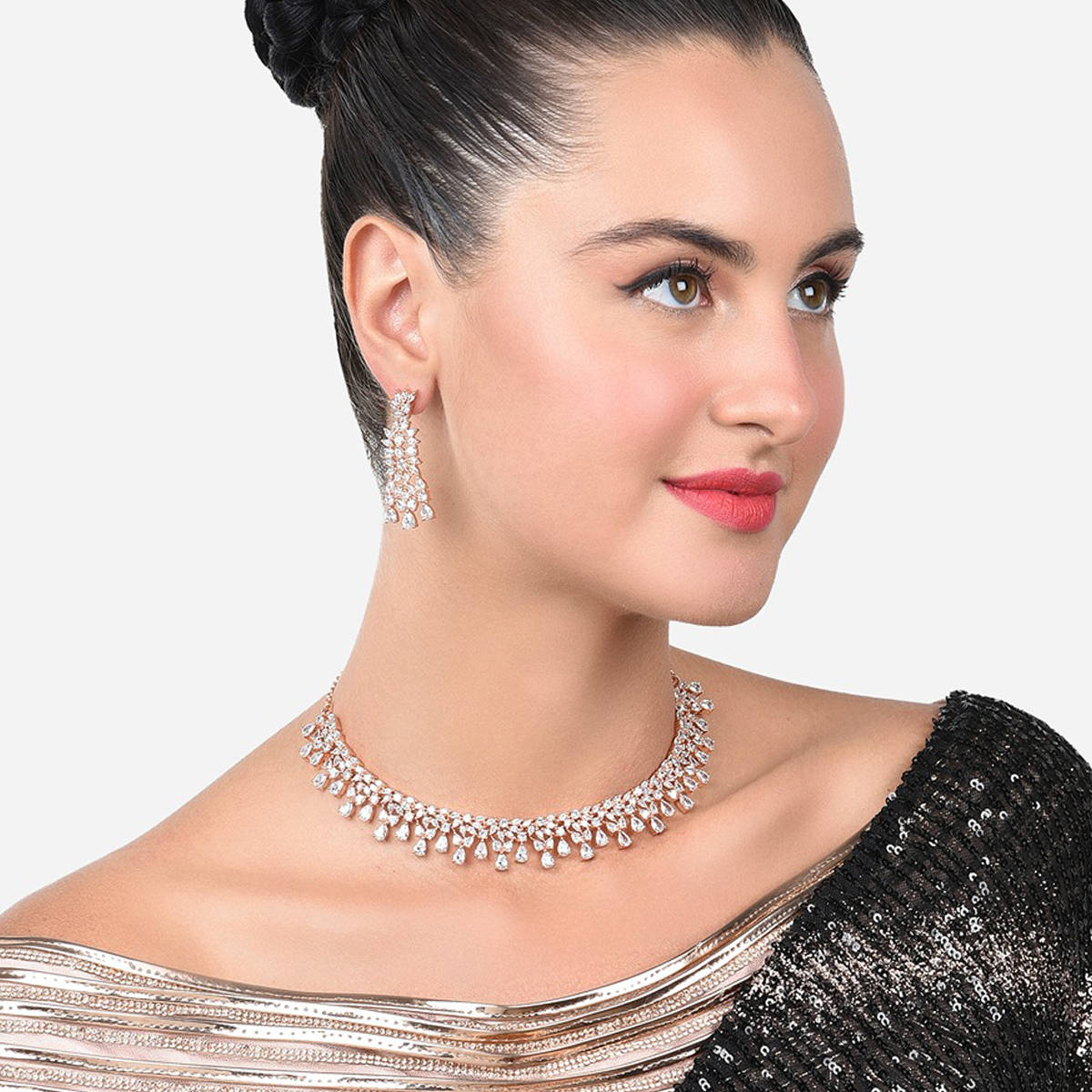 Zaveri Pearls Rose Gold Dazzling Cubic Zirconia Necklace & Earring Set-ZPFK15169