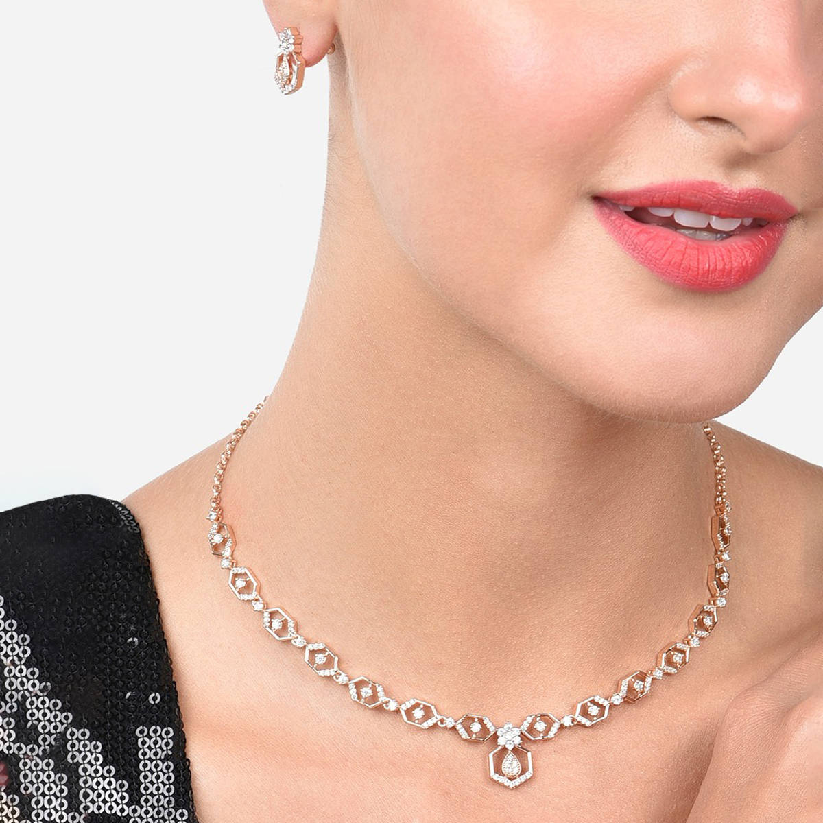 Zaveri Pearls Rose Gold Cubic Zirconia Bling Necklace & Earring Set-ZPFK15218