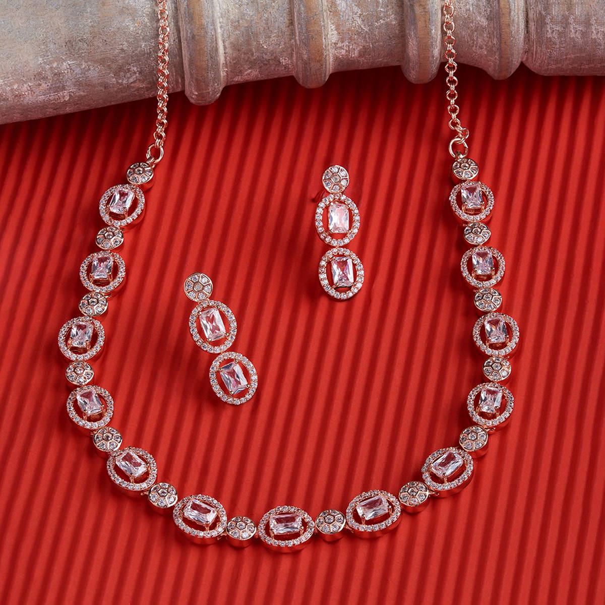 Zaveri Pearls Rose Gold Cubic Zirconia Bling Sleek Necklace & Earring Set-ZPFK15259