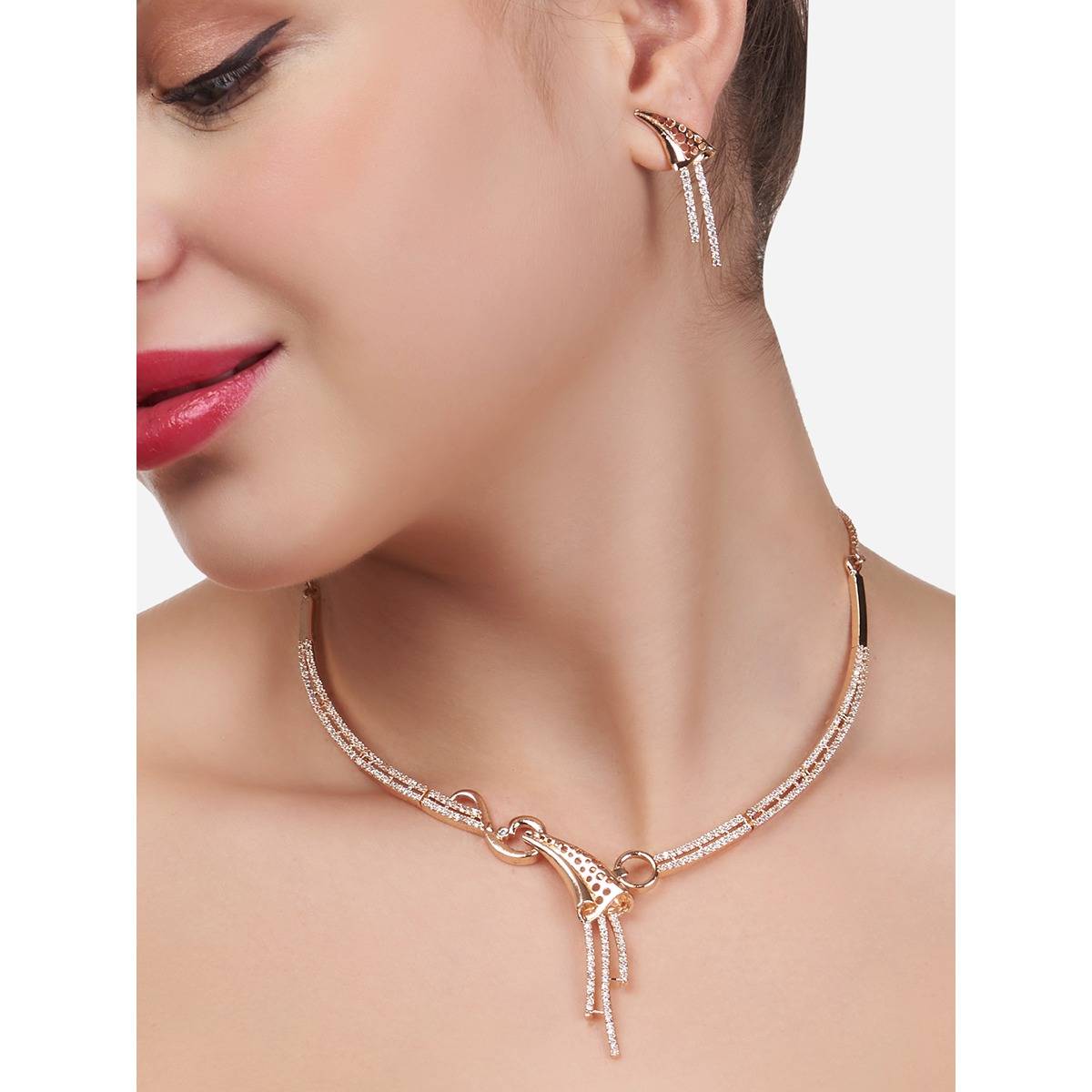 Zaveri Pearls Rose Gold Cubic Zirconia Party Bling Necklace & Earring Set-ZPFK15276