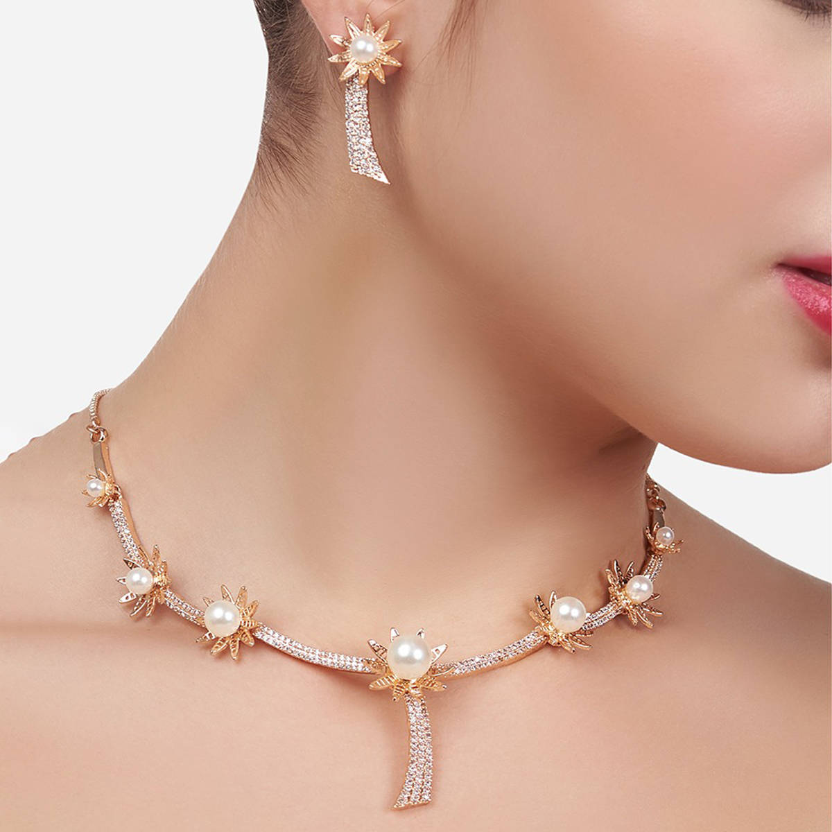 Zaveri Pearls Rose Gold Cubic Zirconia Party Bling Necklace & Earring Set-ZPFK15278