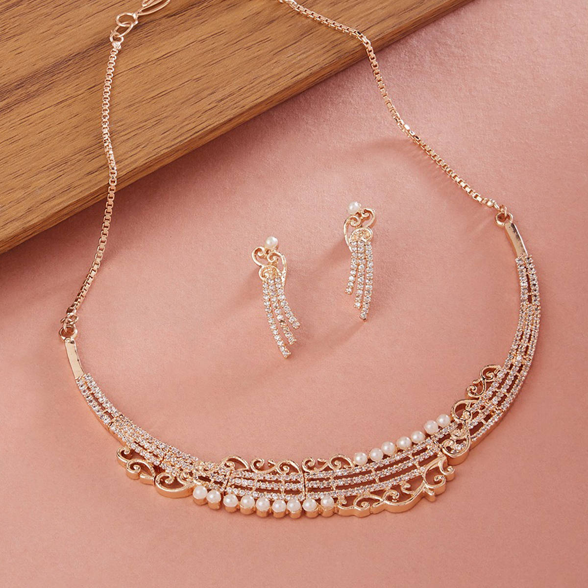 Zaveri Pearls Rose Gold Cubic Zirconia Party Bling Necklace & Earring Set-ZPFK15279