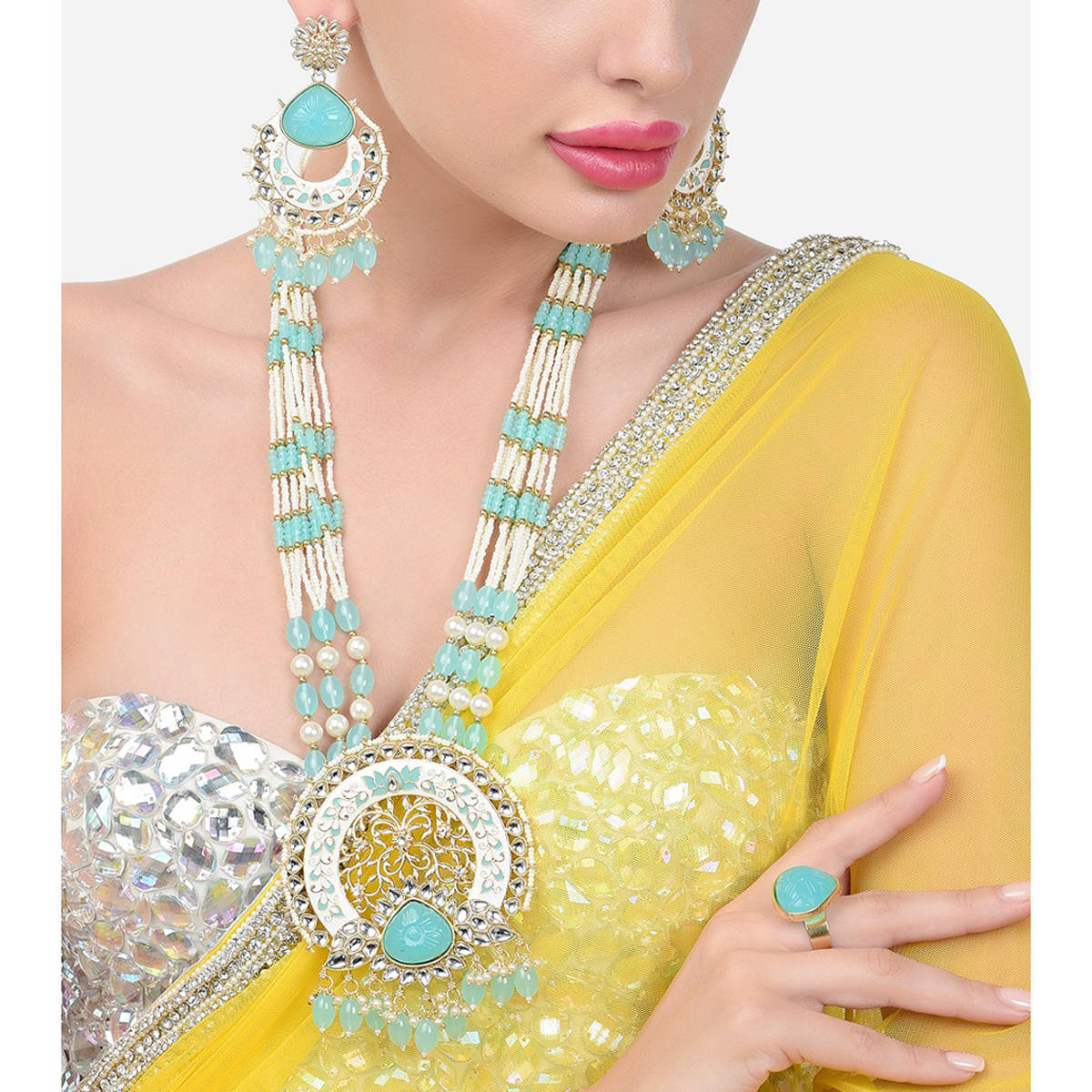 Zaveri Pearls Turquoise White Meenakari Pearls Necklace Earring & Ring Set-ZPFK15488