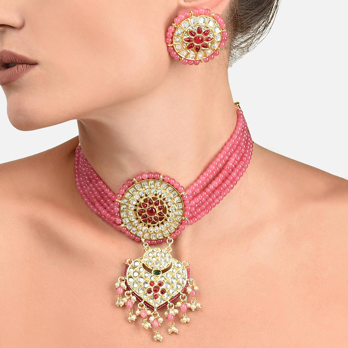 Zaveri Pearls Pink Multistrand Kundan Choker Necklace & Earring Set-ZPFK11550