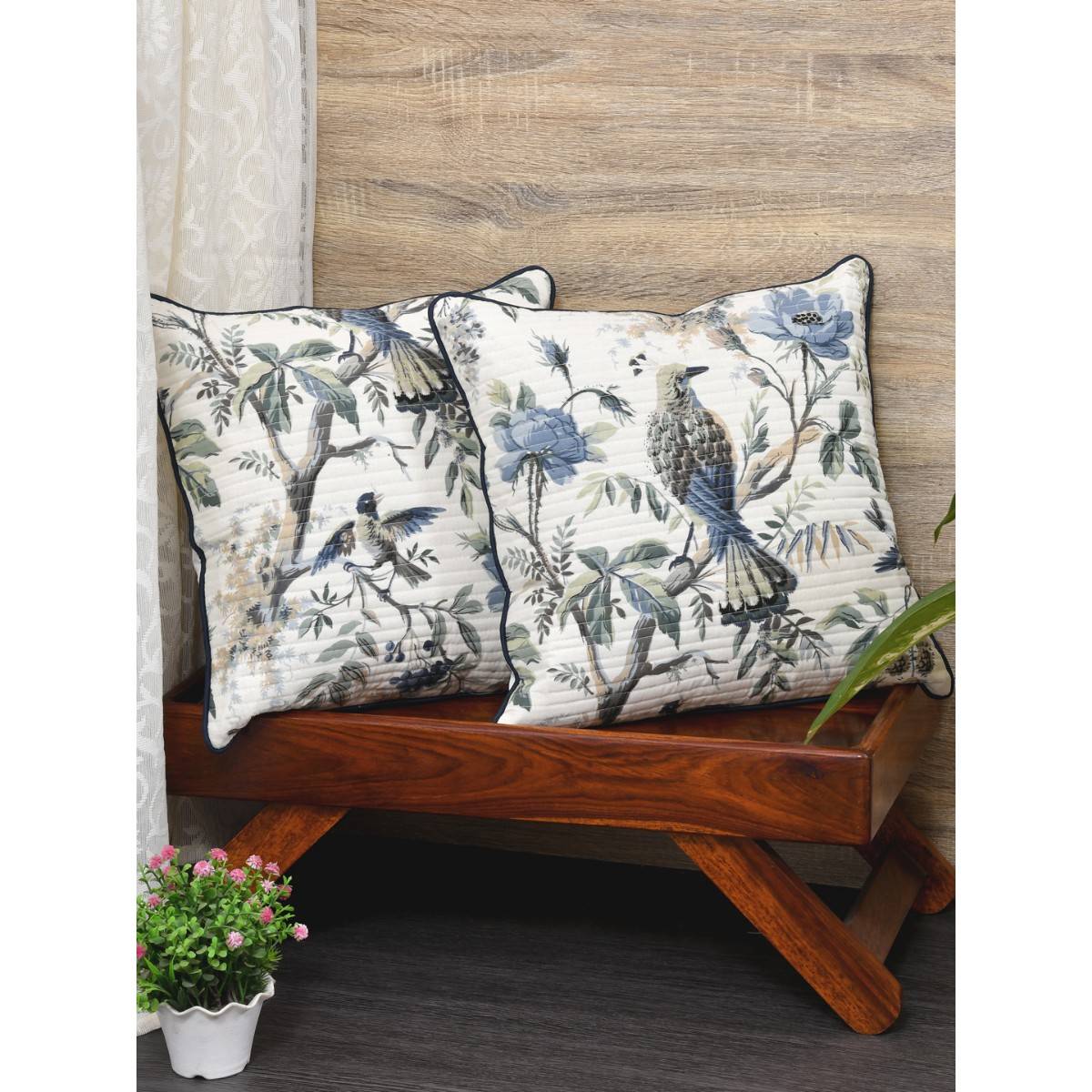 The Home Story Cushion Covers Set of 2 - 12 x 12 Inches - Blue Flowers & Birds