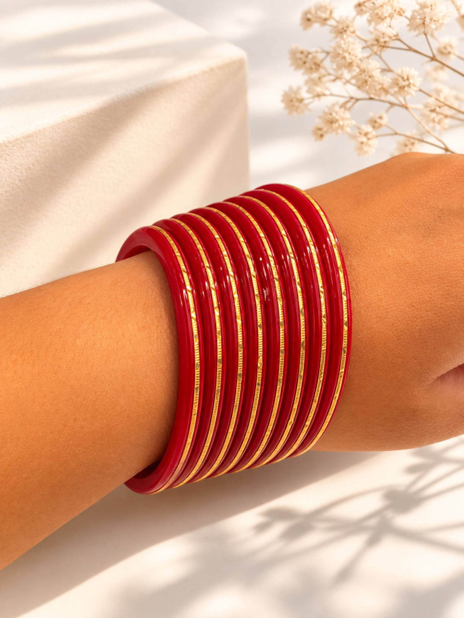 Designbox Red Statement Traditional Bangles (Pack of 8) (2.8)