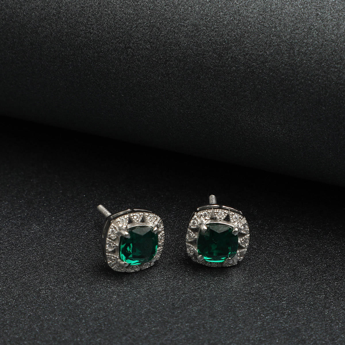 CLARA Silver Rhodium Plated Swiss Zirconia Dark Green Cushion Stud Earrings Gift