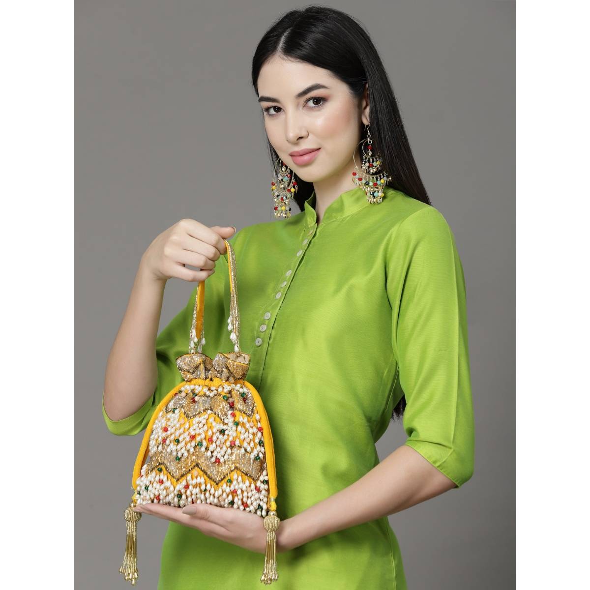 Anekaant Dangle Honey & Multi Embellished Velvet Potli