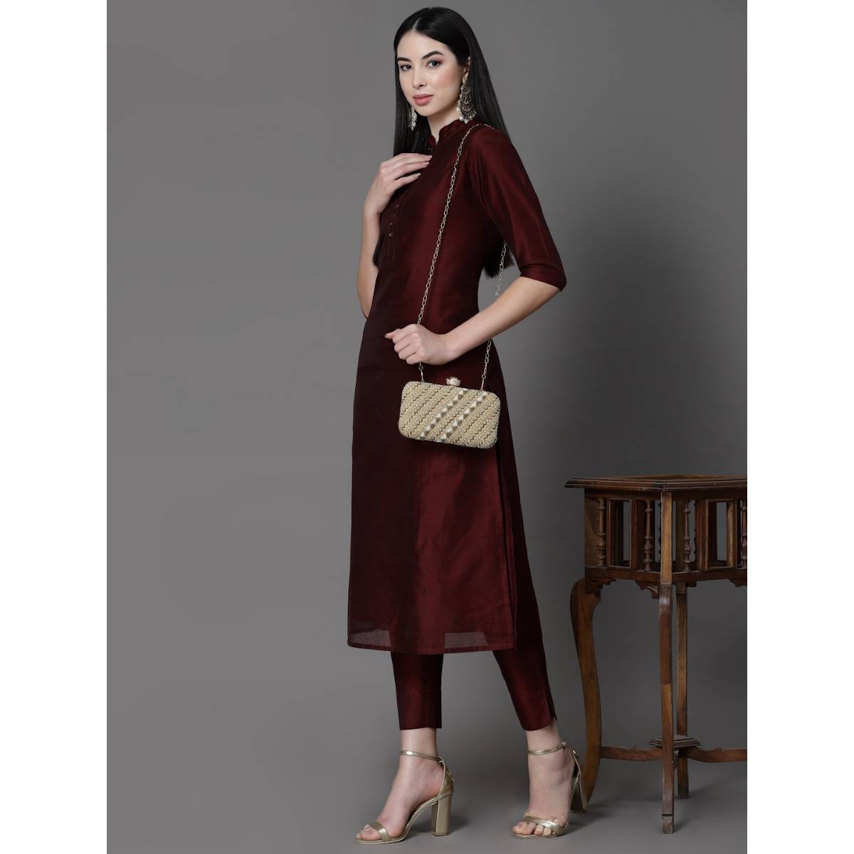 Anekaant Adorn Beige & Gold Embellished Faux Silk Clutch